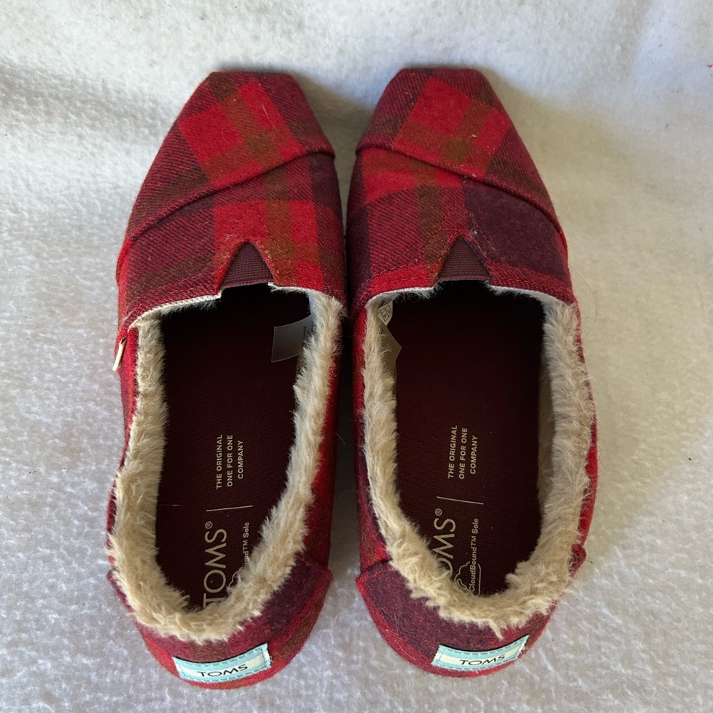 TOMS Red Plaid Slip-On Shoes